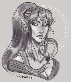 an elf woman with long hair and a small loki snake draped around her shoulders